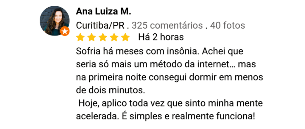 Depoimento – Ana Luiza M., Curitiba/PR: Dormiu em menos de dois minutos aplicando o método.